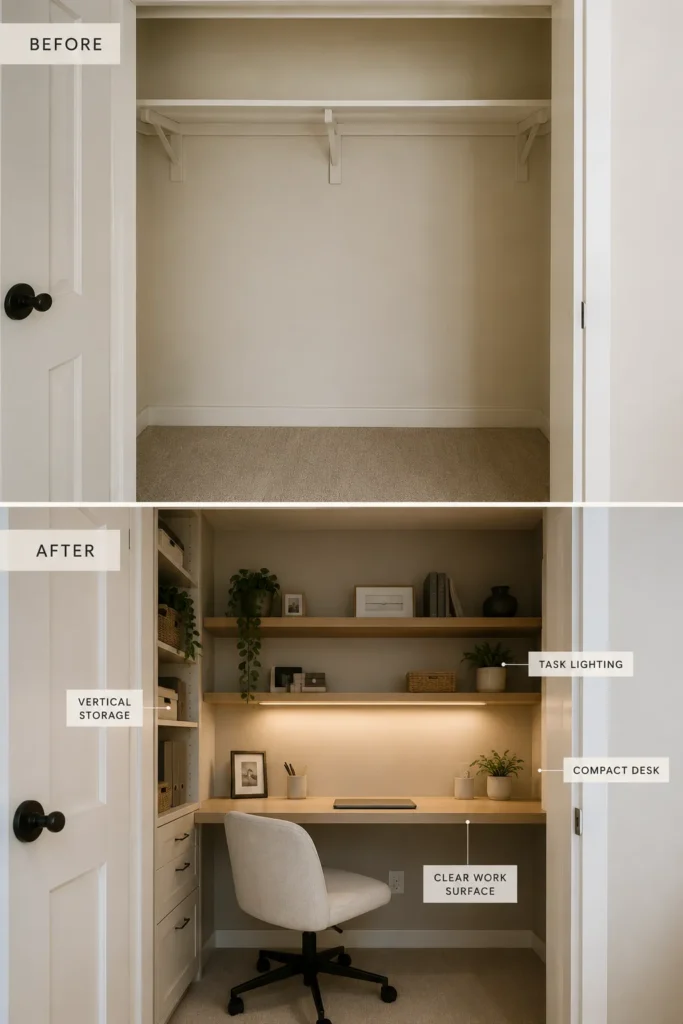 Before-and-after transformation of an unused closet into a compact home office.