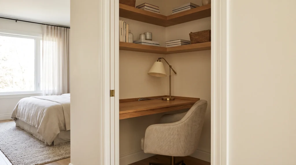 Small closet transformed into a cozy and functional home office.