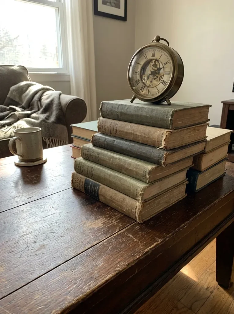 Stacks of cloth-bound vintage books on a coffee table – adding historical charm