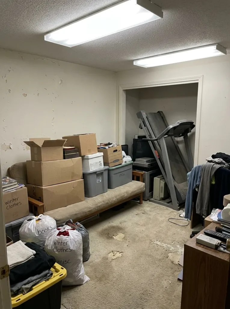 Cluttered spare room before a budget home office conversion