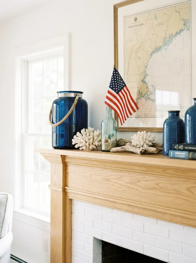 tyle patriotic mantel with navy lanterns and sea-glass accents.