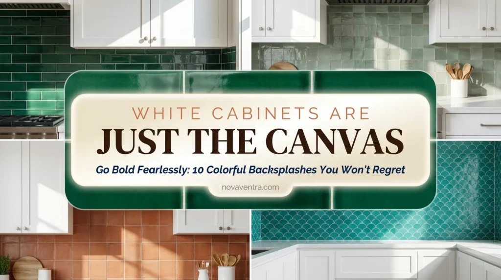 Colorful backsplash ideas for white kitchen cabinets bold look featuring emerald green, navy blue, and terracotta tiles to add personality.