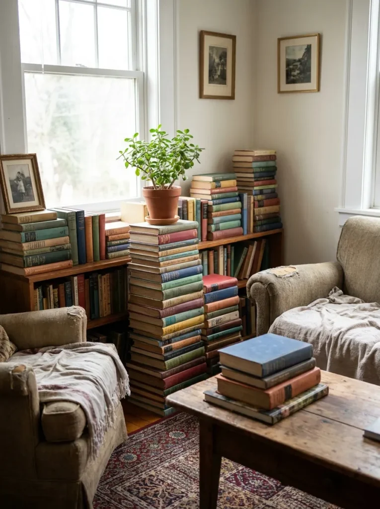 Stacks of colorful books used as decor – adding soul and height to a room