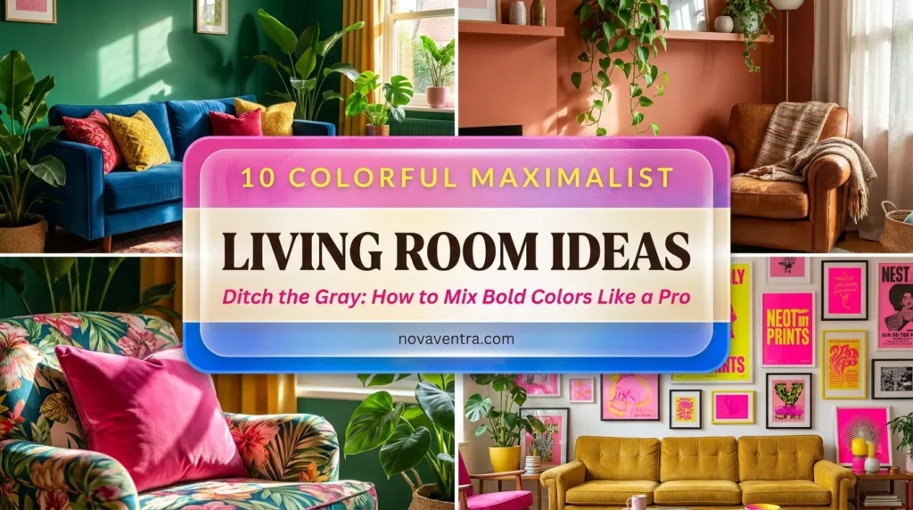 Colorful maximalist living room ideas featuring jewel-toned walls, bold velvet sofas, vibrant pattern mixing, and lush houseplants for a vibrant home.