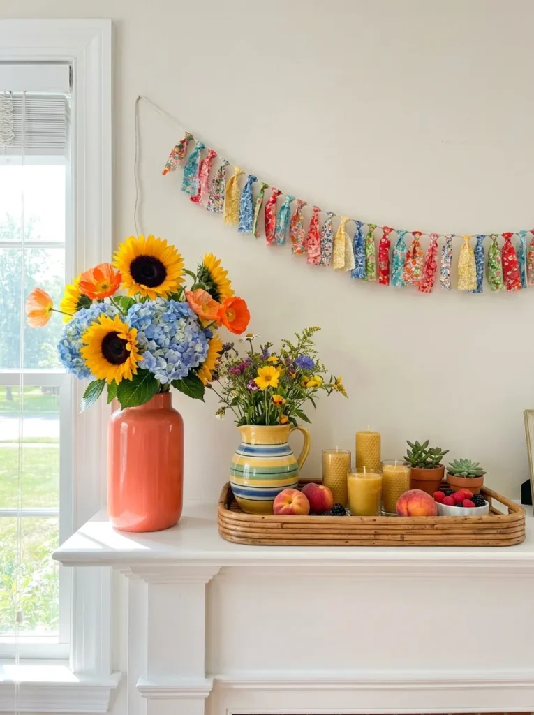 Colorful summer mantel – bright and joyful budget decor