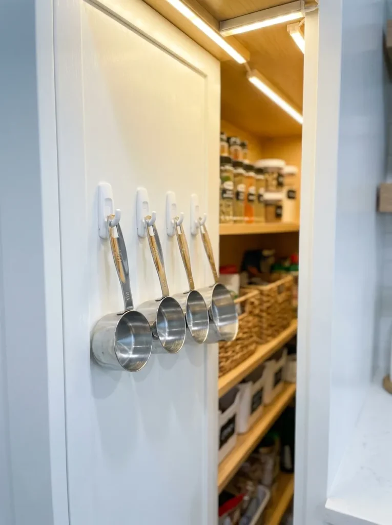 Measuring cups hanging from command hooks on a pantry wall