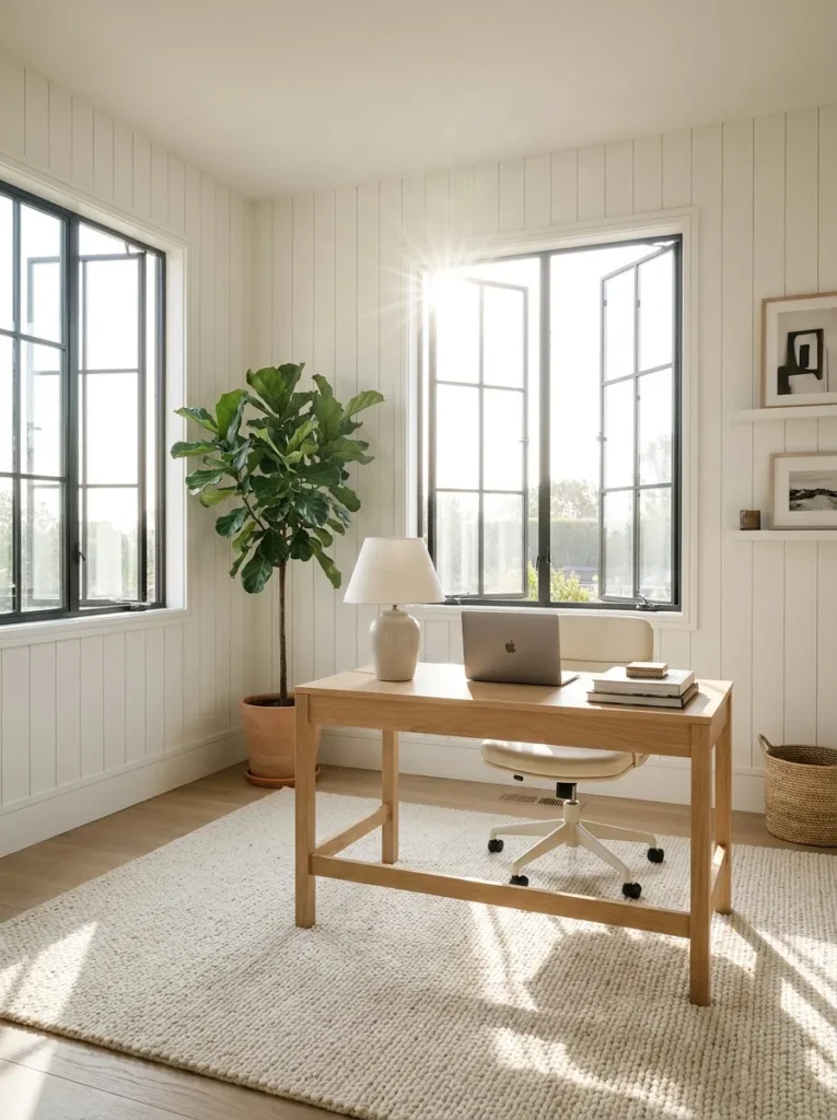 Completed bright modern home office remodel reveal with white walls