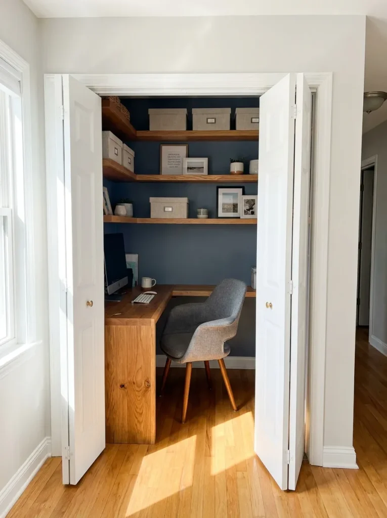 Completed cloffice conversion reveal with slate blue walls and wood desktop