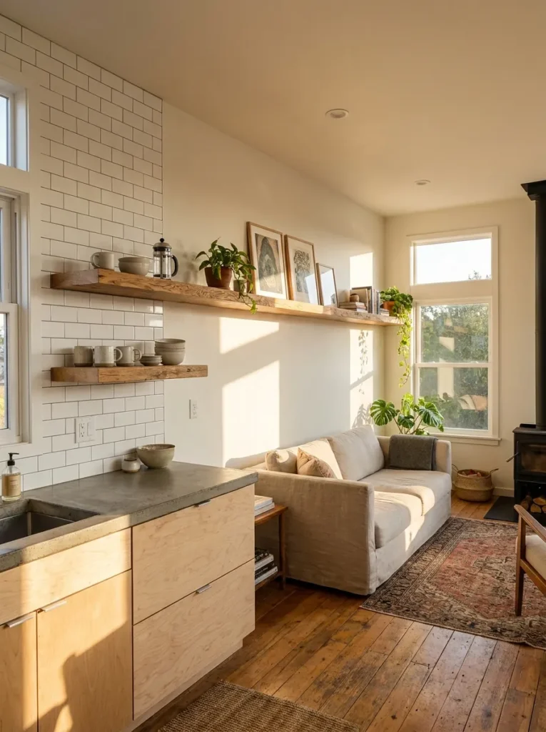 Long continuous floating shelf bridging kitchen and living room decor