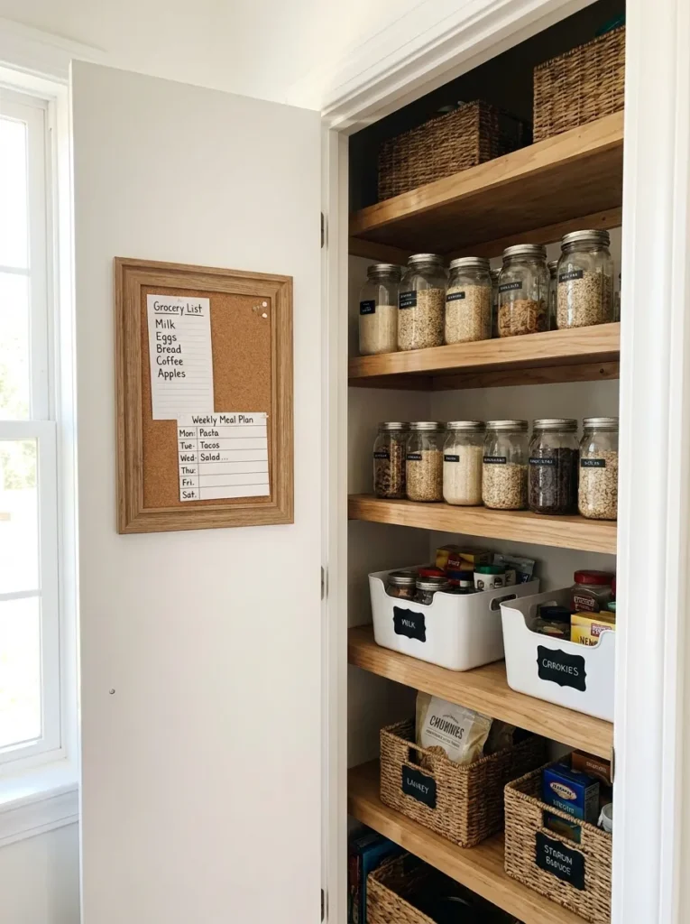 Corkboard with grocery lists pinned to the inside of a pantry door