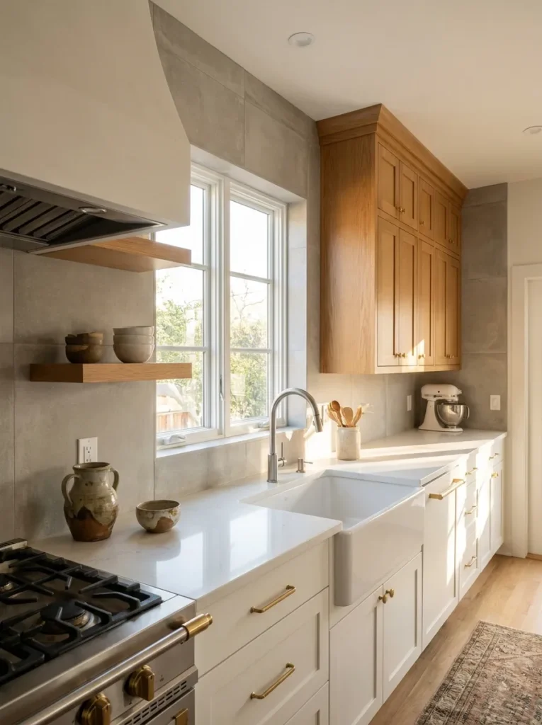 Counter to ceiling tile installation wrapping around a kitchen window
