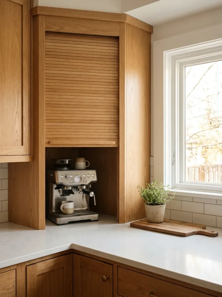 Corner appliance garage with rolling door hiding an espresso machine on a counter