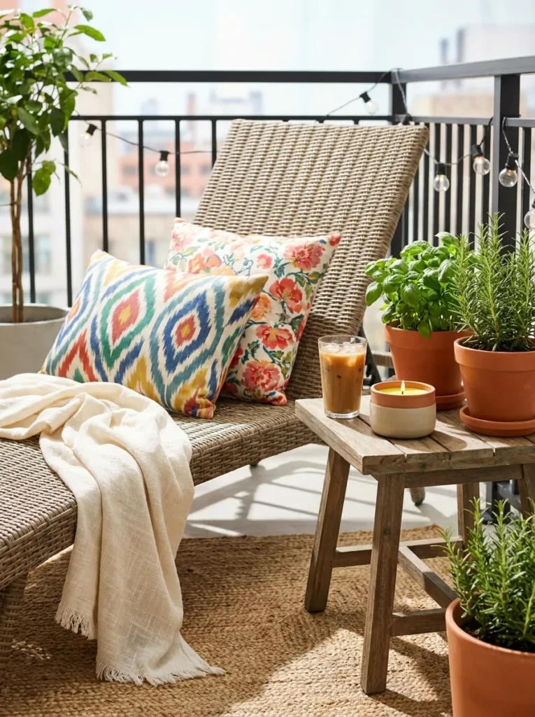 Cozy balcony decorated with herbs, outdoor cushions, citronella candle, and summer accessories.