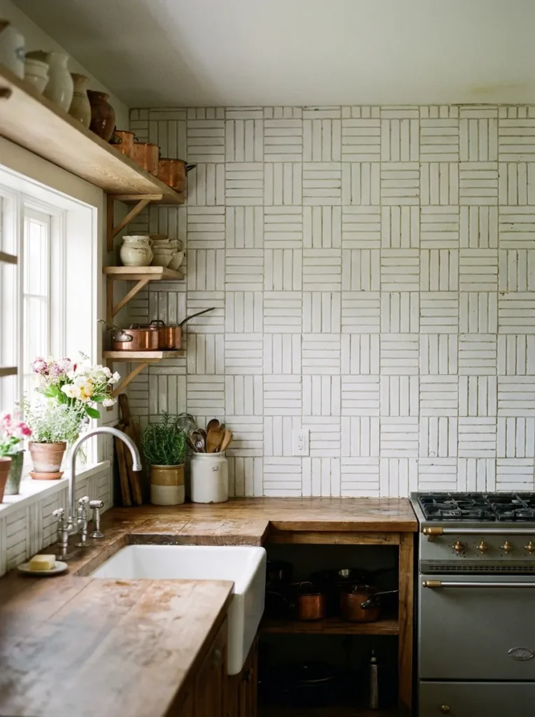 Crosshatch basketweave subway tile pattern in a white shaker kitchen