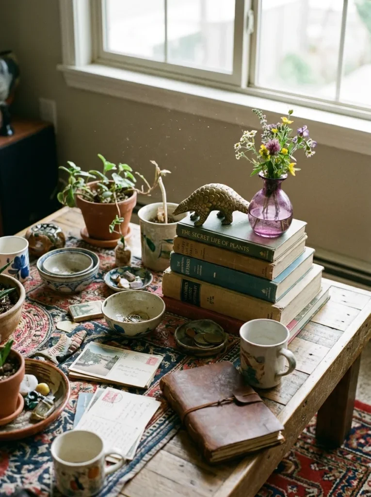 Curated coffee table with books and brass figurine – maximalist object styling