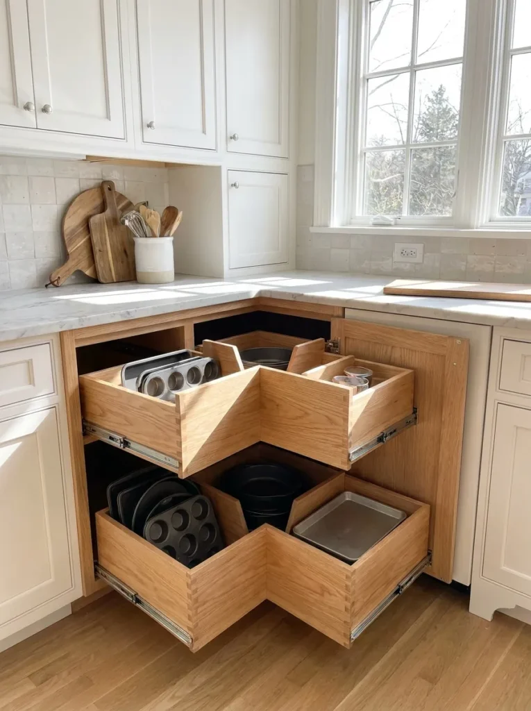 Custom v-shaped corner drawers pulling out from a kitchen cabinet intersection