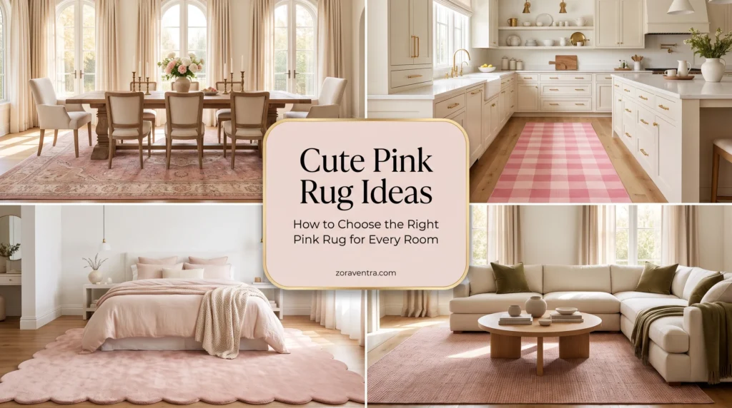 Cute pink rugs ideas featuring blush, dusty rose, and pastel pink rugs styled in a living room, bedroom, kitchen, and cozy sitting area.