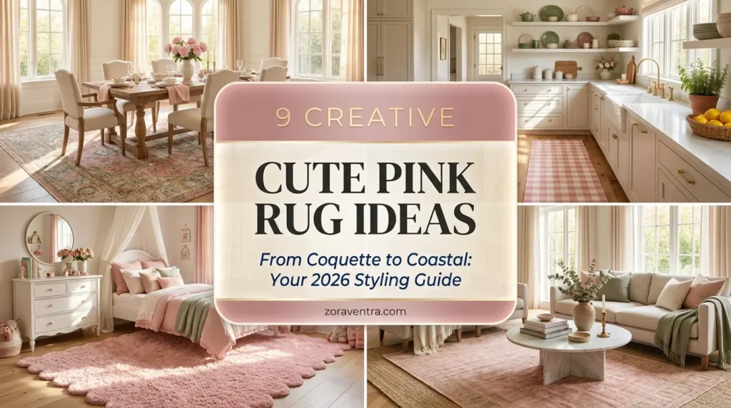 Cute pink rugs ideas with dusty rose, blush pink and soft pastel tones styled beautifully in living rooms, bedrooms and nurseries