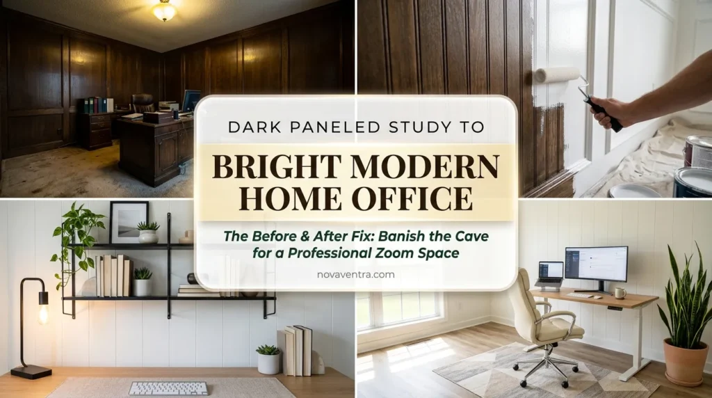 Dark and dated home office remodel to bright modern workspace before and after showing a wood paneled study painted white with light flooring and modern lighting.