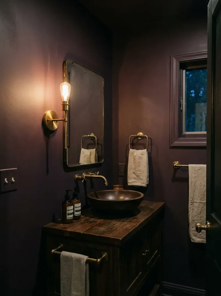 Dark matte plum painted walls in a moody powder room