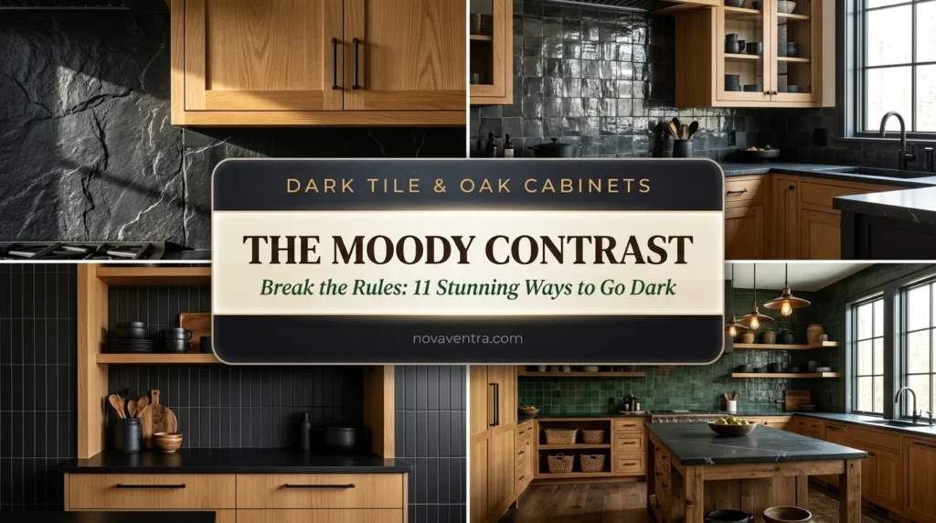 Dark backsplash ideas with oak cabinets for contrast showing black slate, charcoal zellige, and deep green tiles pairing beautifully with wood kitchens.