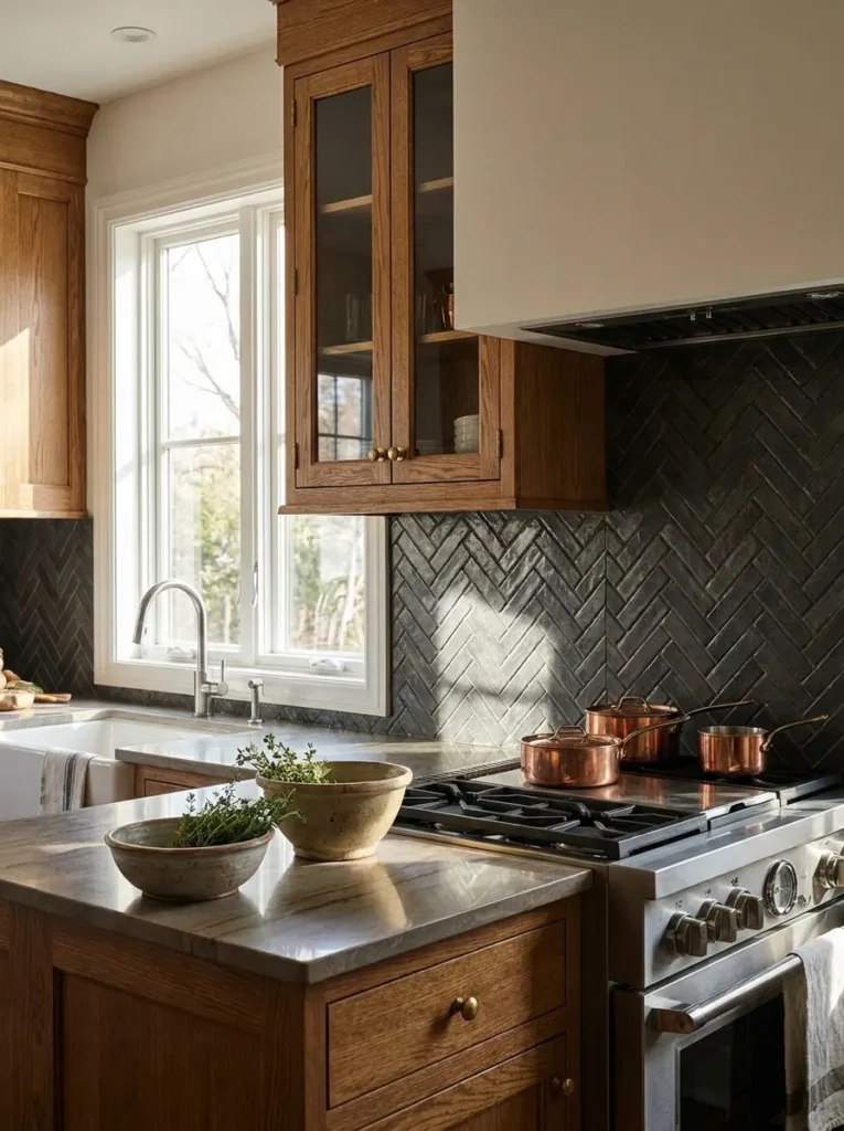 Dark charcoal herringbone tile backsplash under oak cabinets
