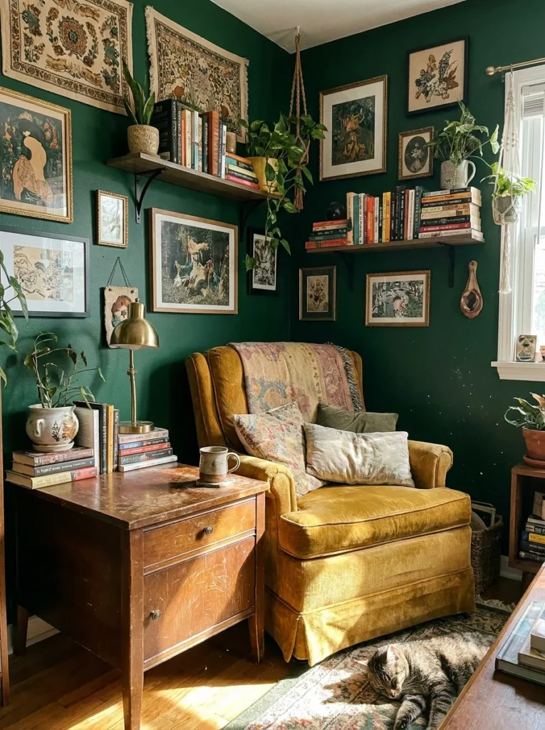 Dark green walls with mustard yellow armchair – cheap maximalist paint transformation
