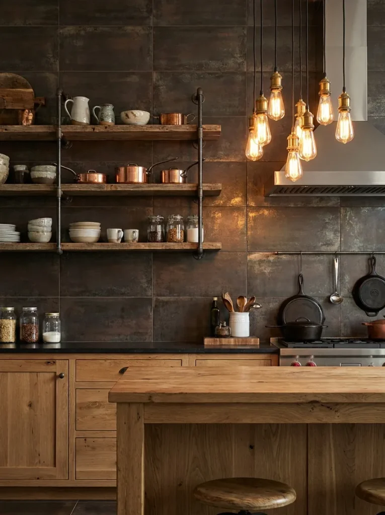 Dark oxidized bronze metallic tile backsplash with wood cabinets