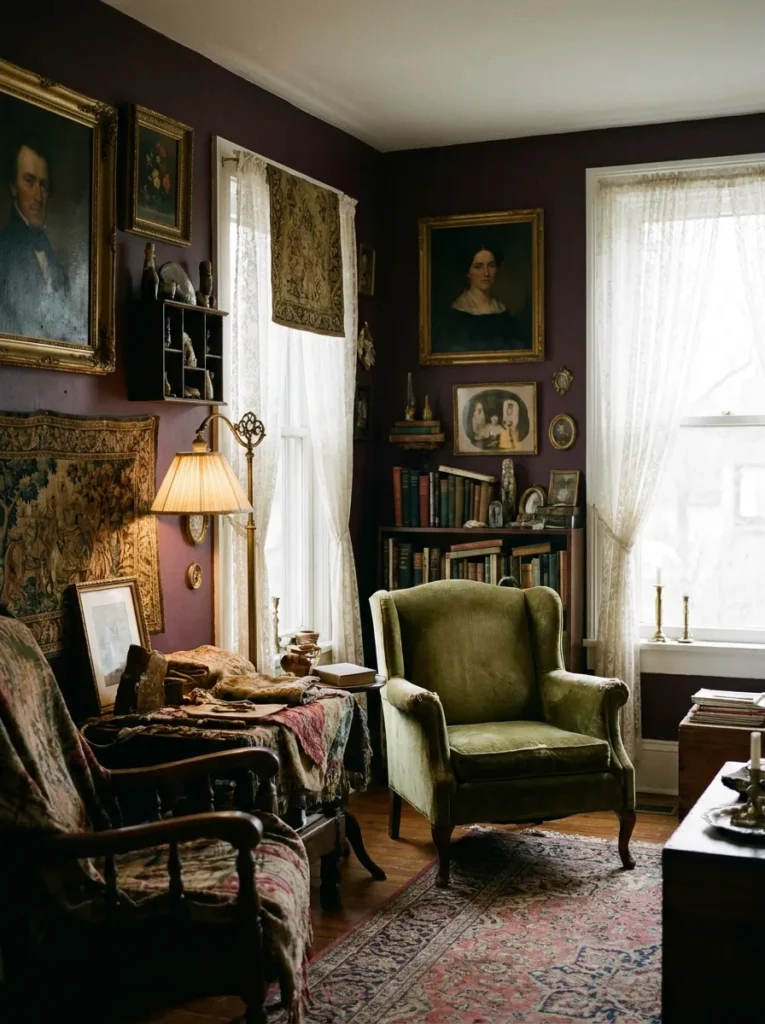 Deep plum walls unifying vintage decor – dark maximalist living room style