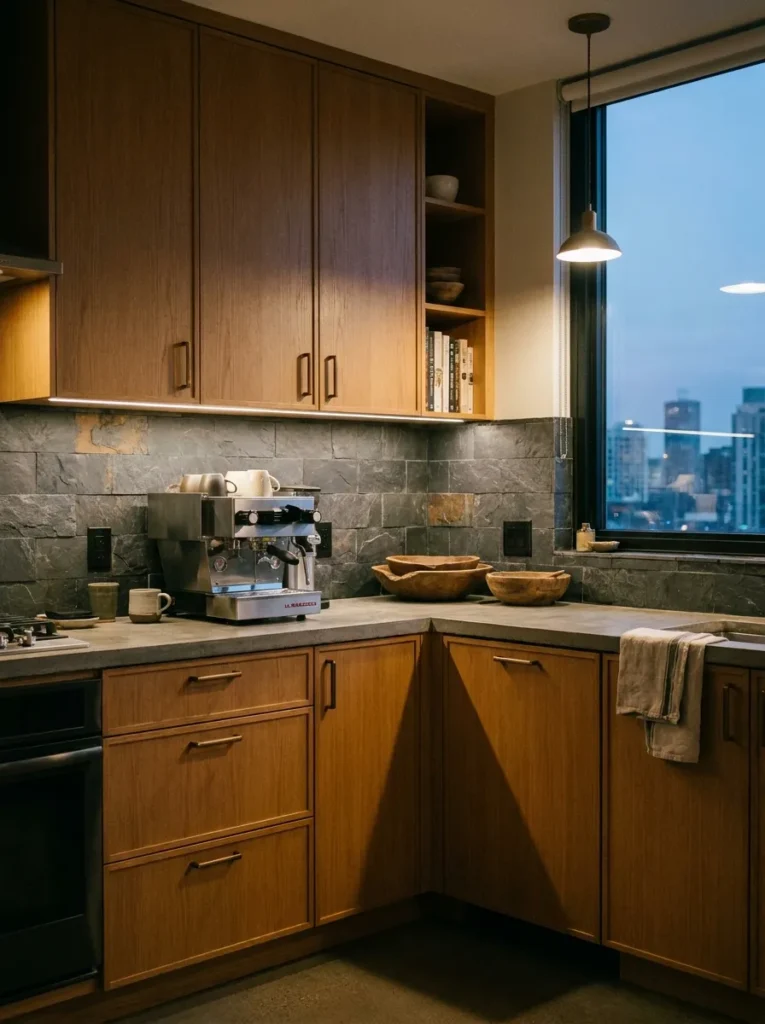 Dark slate gray natural stone backsplash modernizing oak cabinets