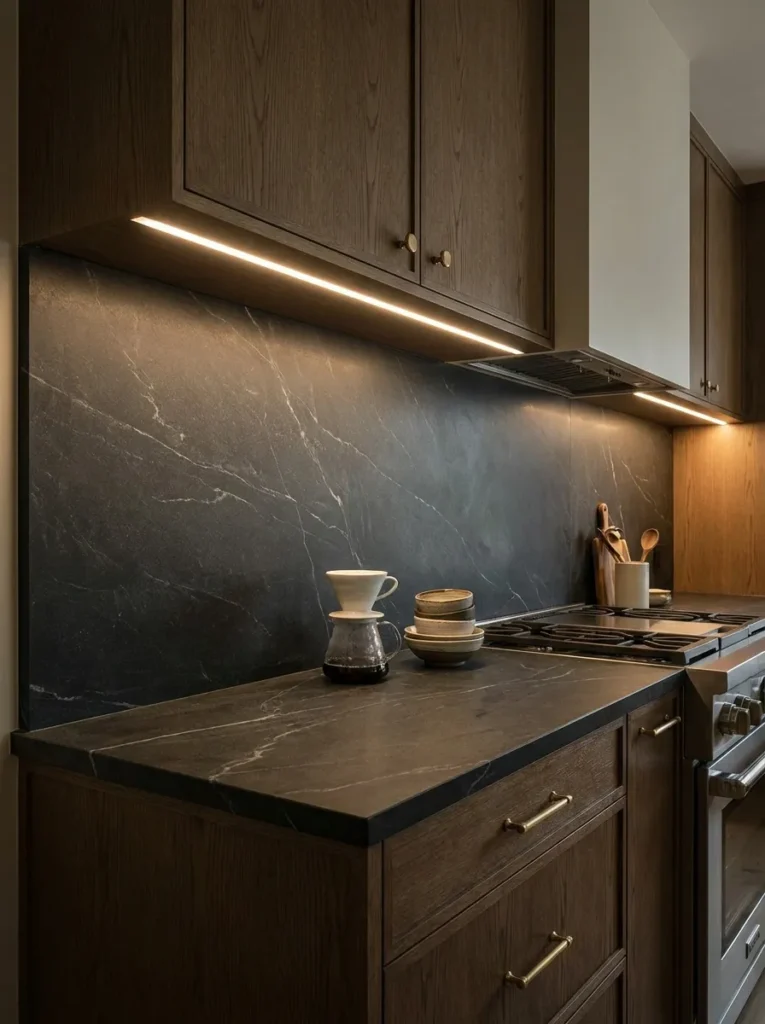 Seamless dark soapstone slab backsplash with oak kitchen cabinets