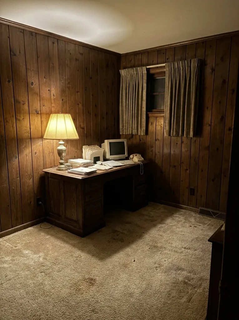 Depressing dark paneled home office before remodel