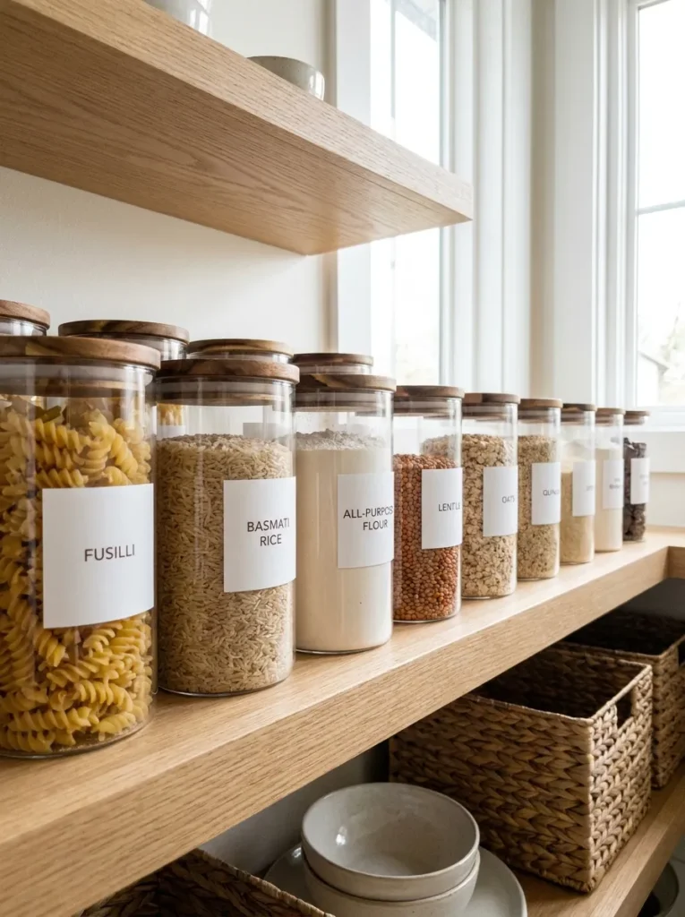 Decanted pantry staples in clear glass jars on a wooden shelf