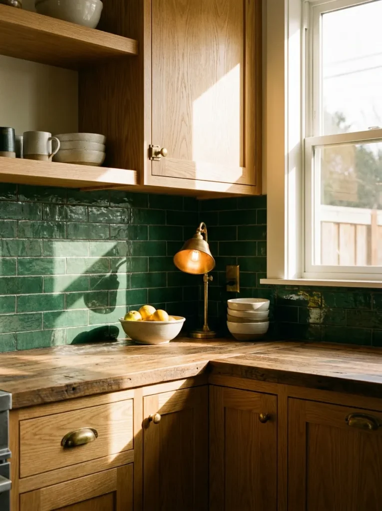 Deep forest green tile backsplash contrasting with golden oak cabinets