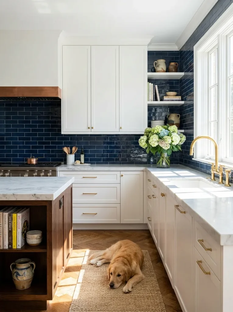 Glossy deep navy blue backsplash paired with crisp white cabinets