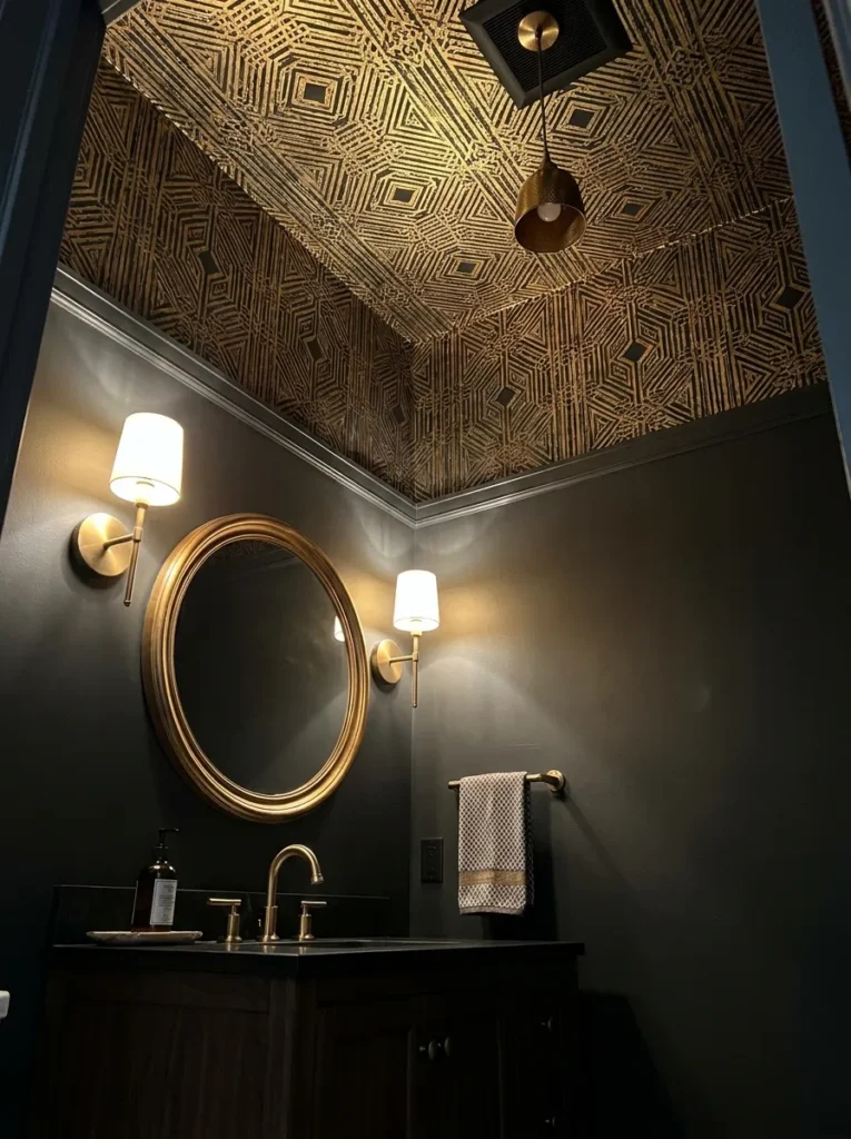 Geometric wallpaper installed on the ceiling of a designer powder room