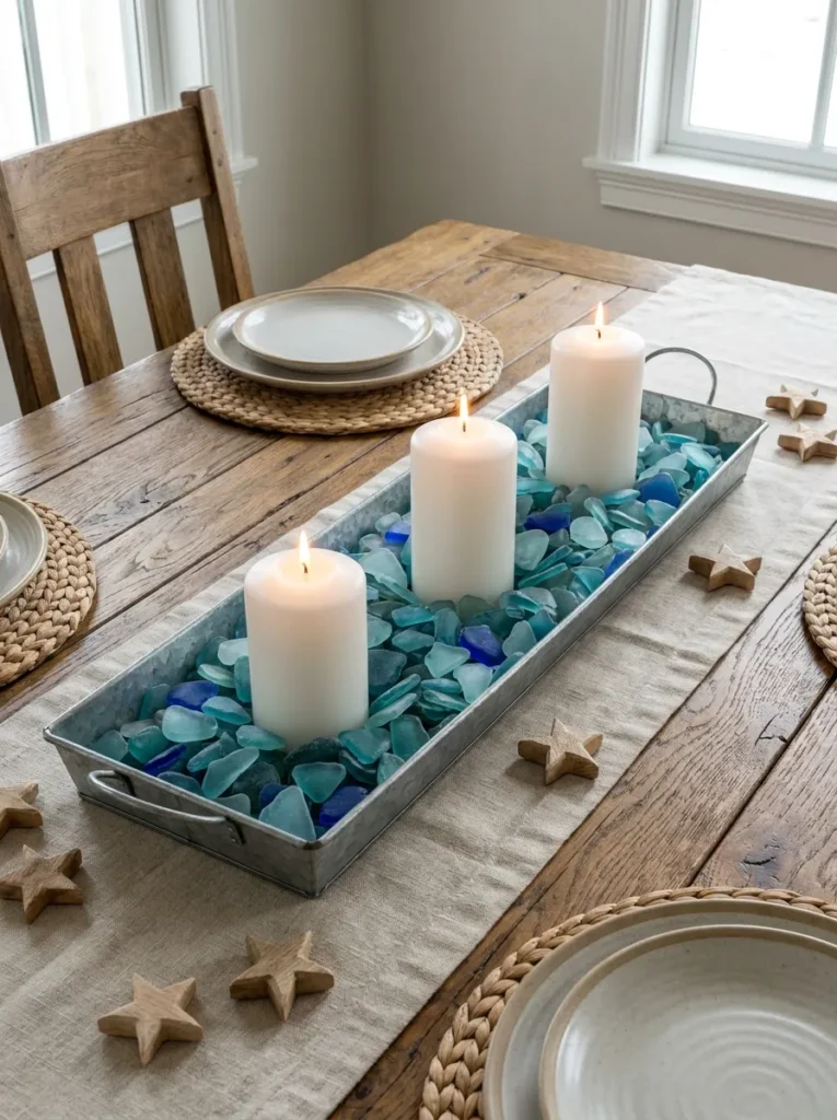 Dining table centerpiece with galvanized tray, candles, and blue glass.