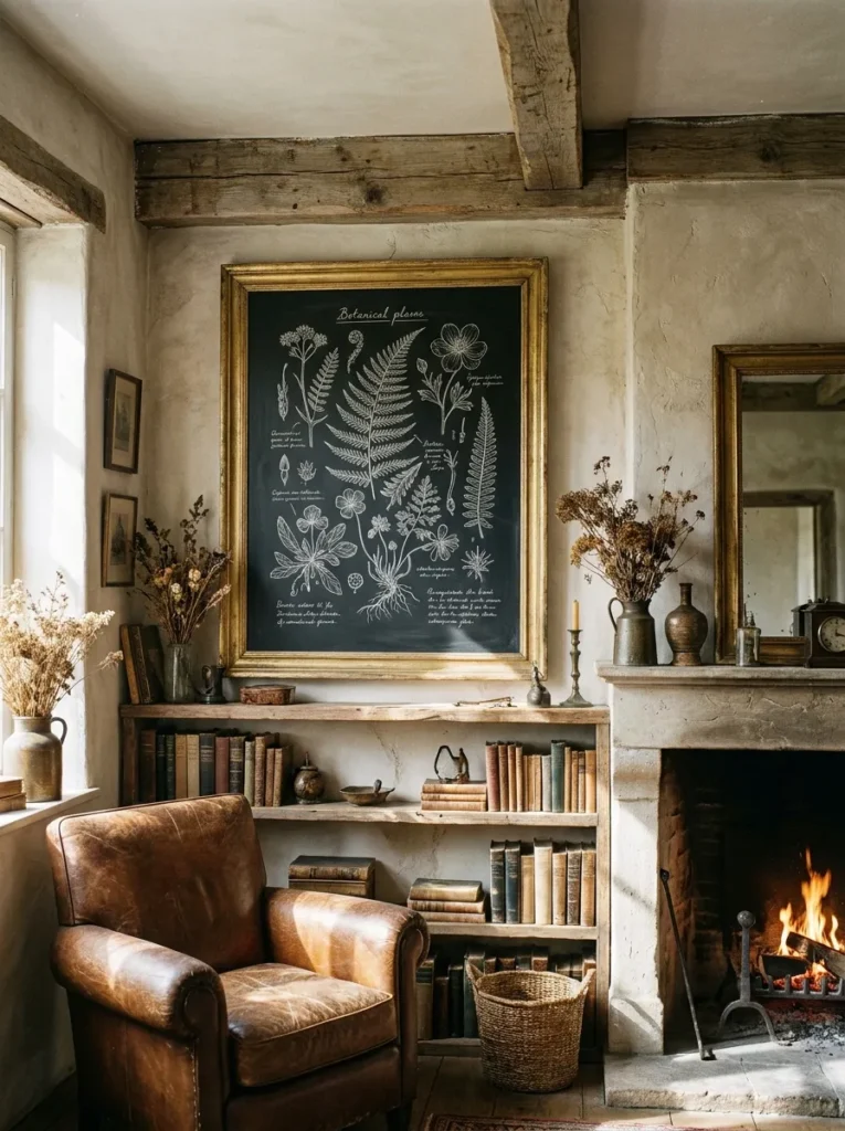 Large DIY chalkboard in a vintage gold frame on a rustic wall.
