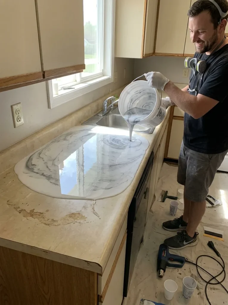Glossy faux marble epoxy resin countertop over old laminate