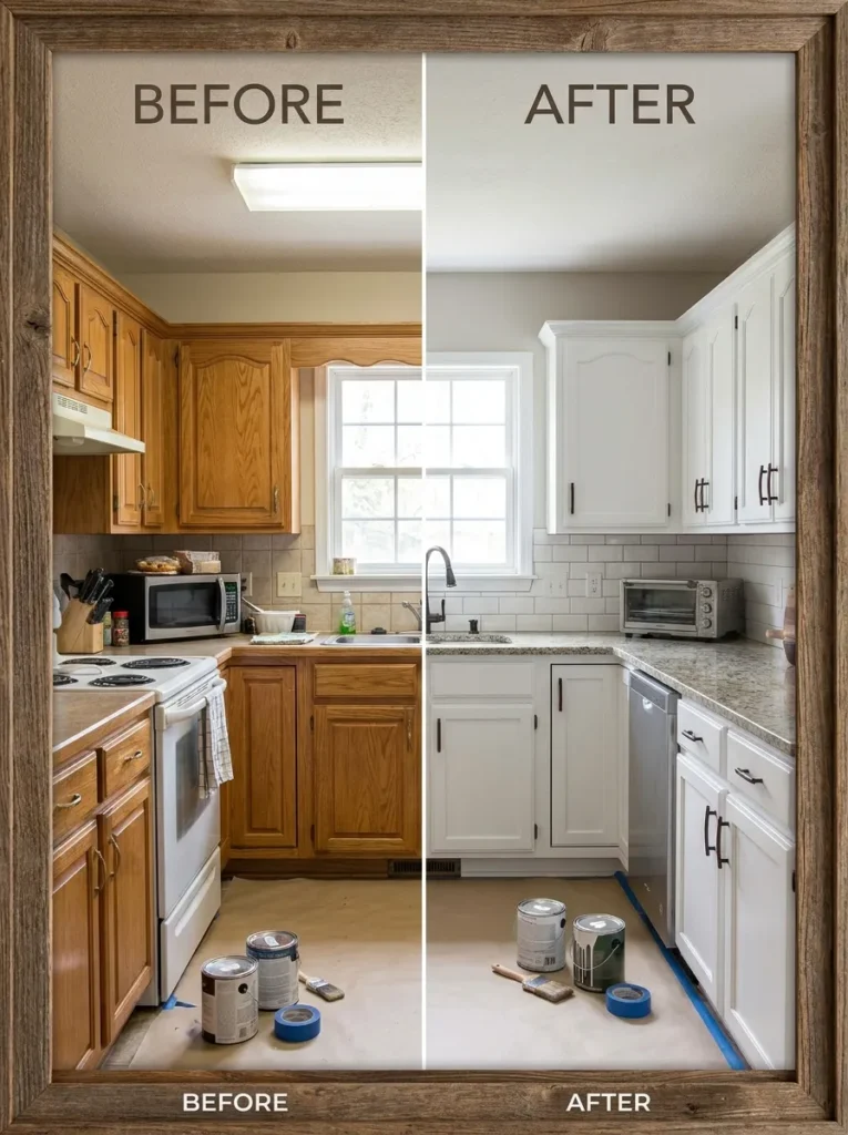 Before and after showing dark oak kitchen cabinets painted crisp white