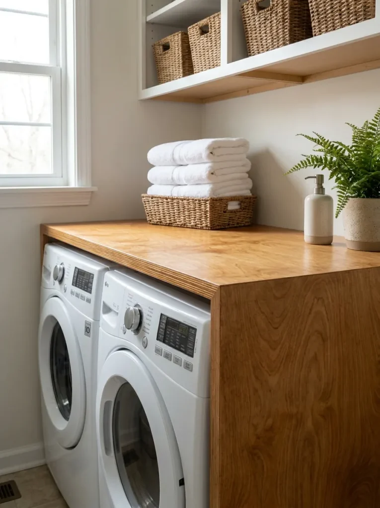 Honey stained plywood waterfall countertop over front loading washer and dryer