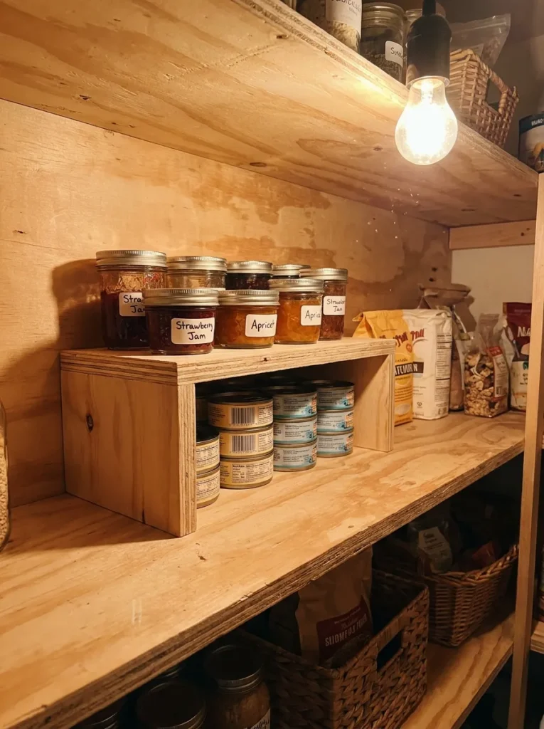 DIY plywood shelf riser maximizing vertical space in a pantry