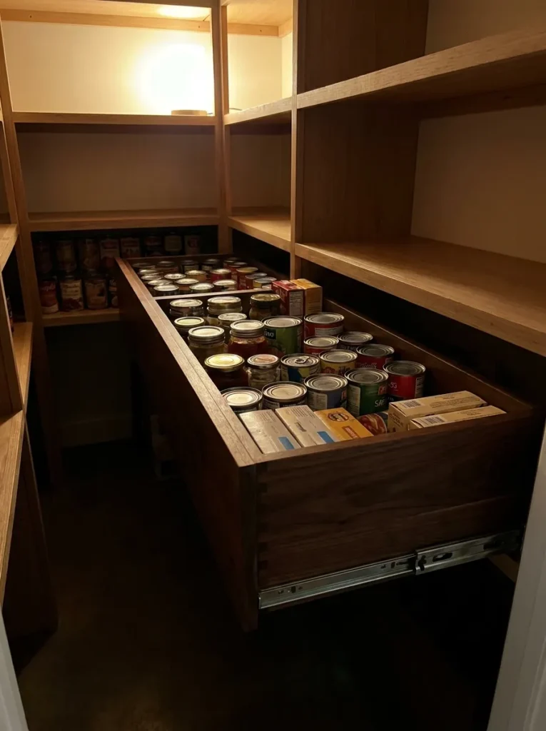 Long pull out wooden bin on a deep pantry shelf