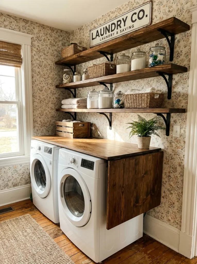 Thick wood floating shelves on black iron brackets in a laundry room