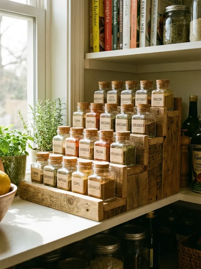 DIY tiered wooden spice rack displaying glass jars
