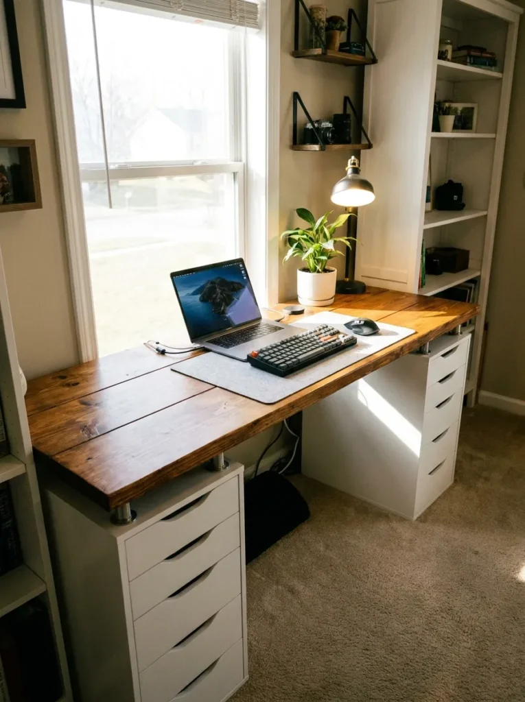 DIY wood countertop desk on white drawer units – small home office ideas