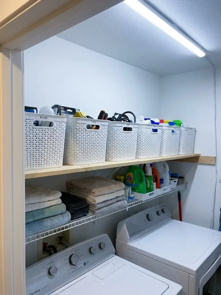 Matching white storage bins lining a laundry room shelf