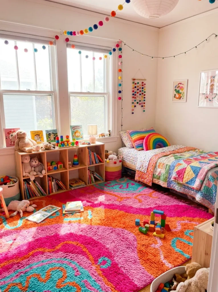 Playful pink rug for kids bedroom – dopamine decor style