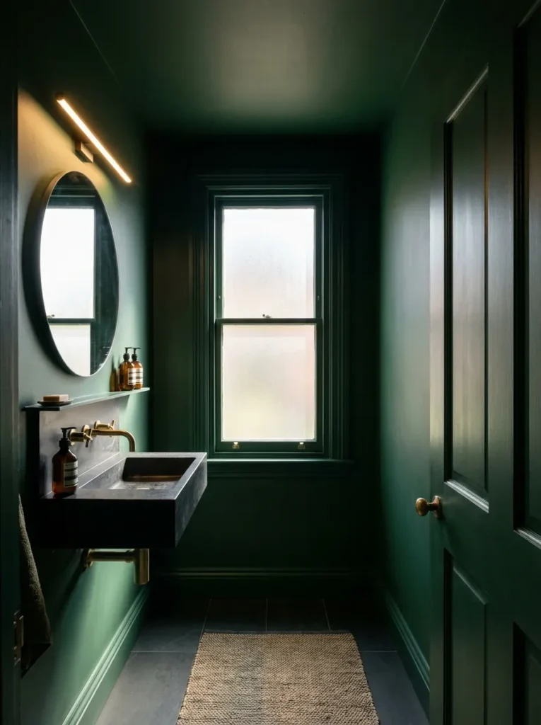 Forest green color drenched powder room walls and trim