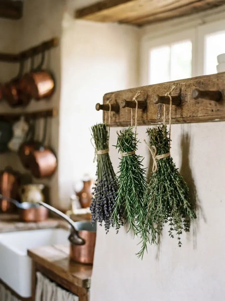 Dried herb bundles hanging from a wooden peg rail in a kitchen.